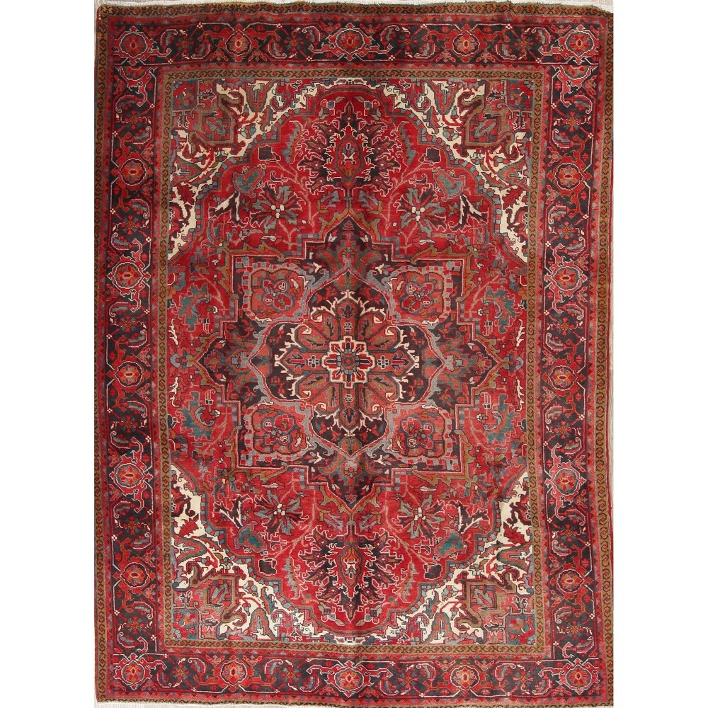 One of a Kind Heriz Geometric Handmade Wool Persian Oriental Area Rug - 9'11" x 7'4"