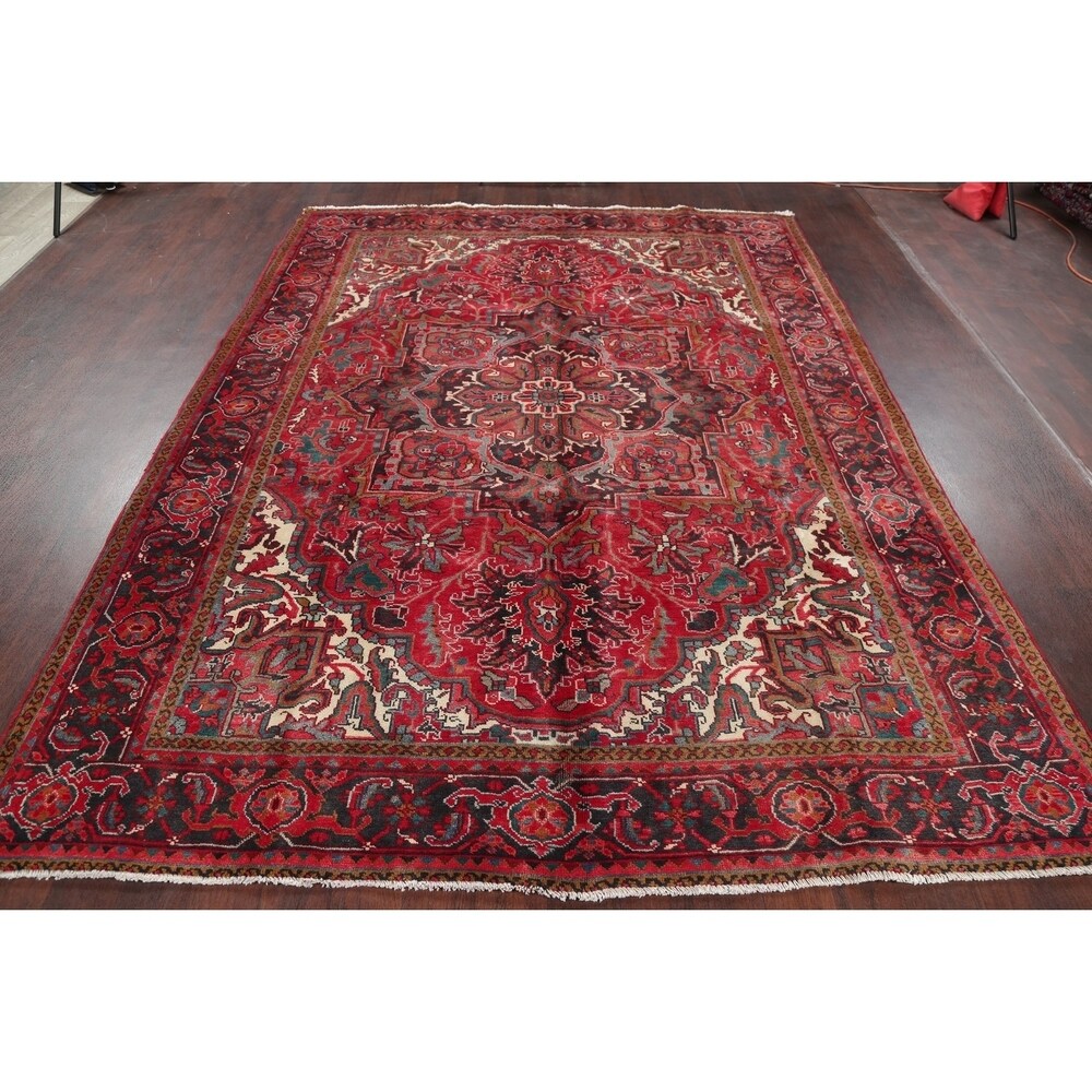 One of a Kind Heriz Geometric Handmade Wool Persian Oriental Area Rug - 9'11" x 7'4"