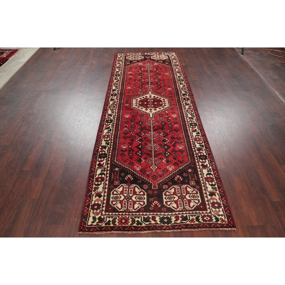 One of a Kind Shiraz Geometric Handmade Wool Persian Oriental Rug - 9'10" x 3'6" Runner