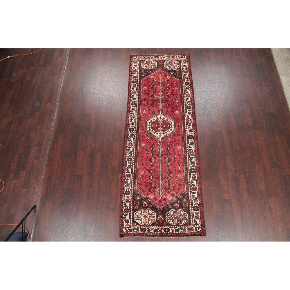 One of a Kind Shiraz Geometric Handmade Wool Persian Oriental Rug - 9'10" x 3'6" Runner