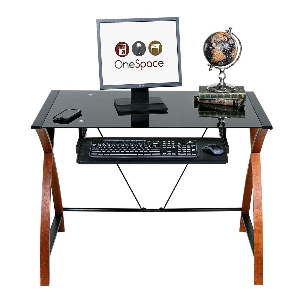OneSpace 50 JN15K05 Glass and Wood Computer Desk with Pullout Keyboard Tray