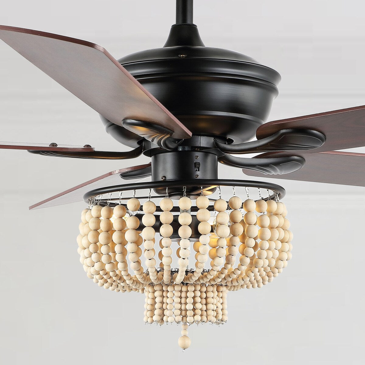 Opal 52" 3-Light Farmhouse Rustic Wood Bead Shade LED Ceiling Fan With Remote, Black by JONATHAN Y