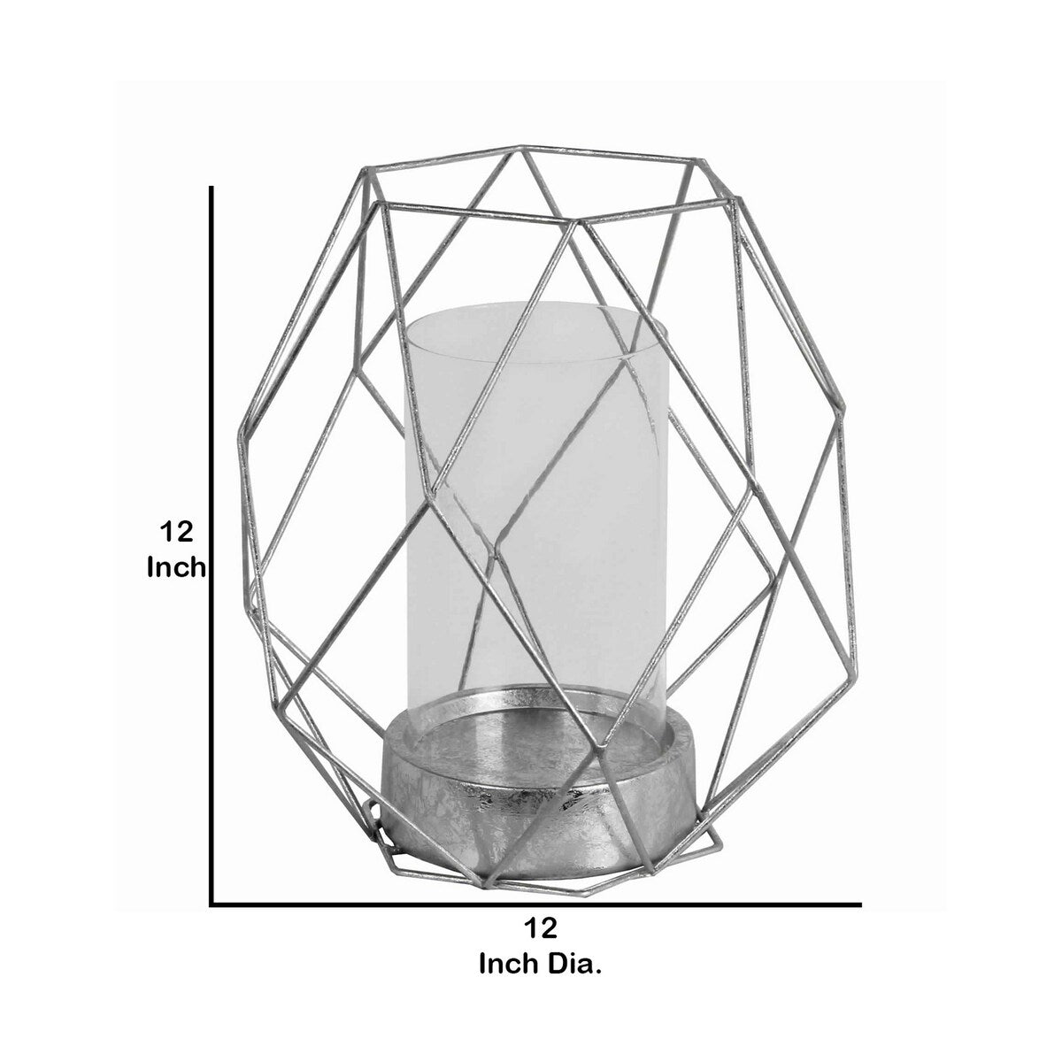 Open Geometric Design Metal Candle Holder with Glass Hurricane, Silver