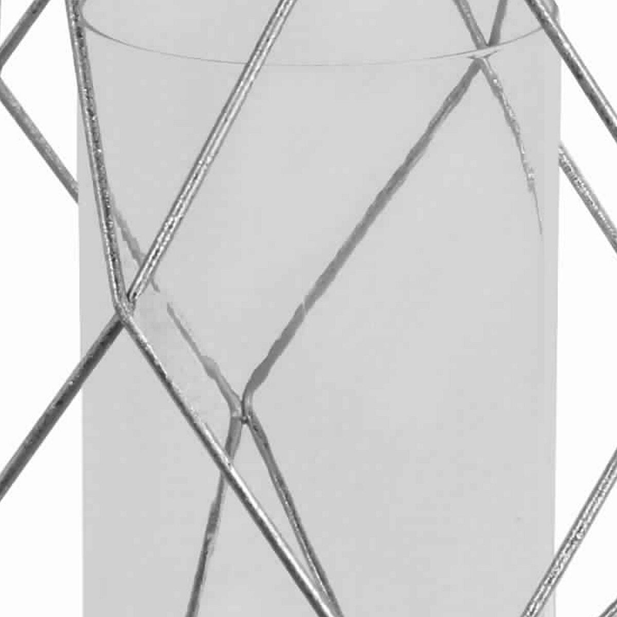 Open Geometric Design Metal Candle Holder with Glass Hurricane, Silver