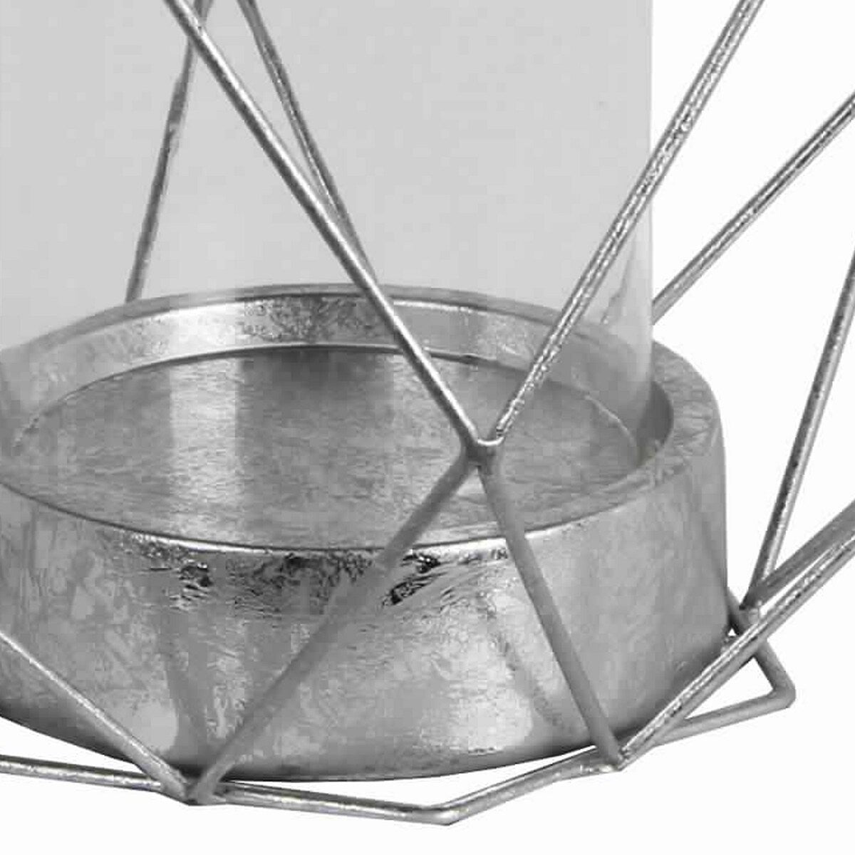 Open Geometric Design Metal Candle Holder with Glass Hurricane, Silver