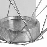 Open Geometric Design Metal Candle Holder with Glass Hurricane, Silver