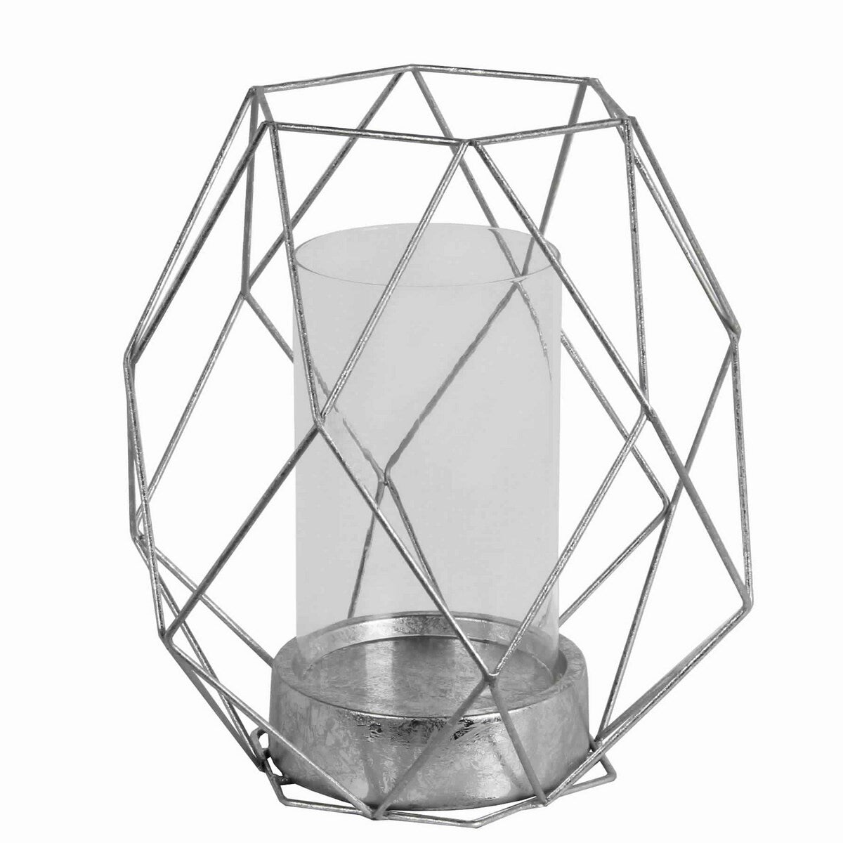 Open Geometric Design Metal Candle Holder with Glass Hurricane, Silver