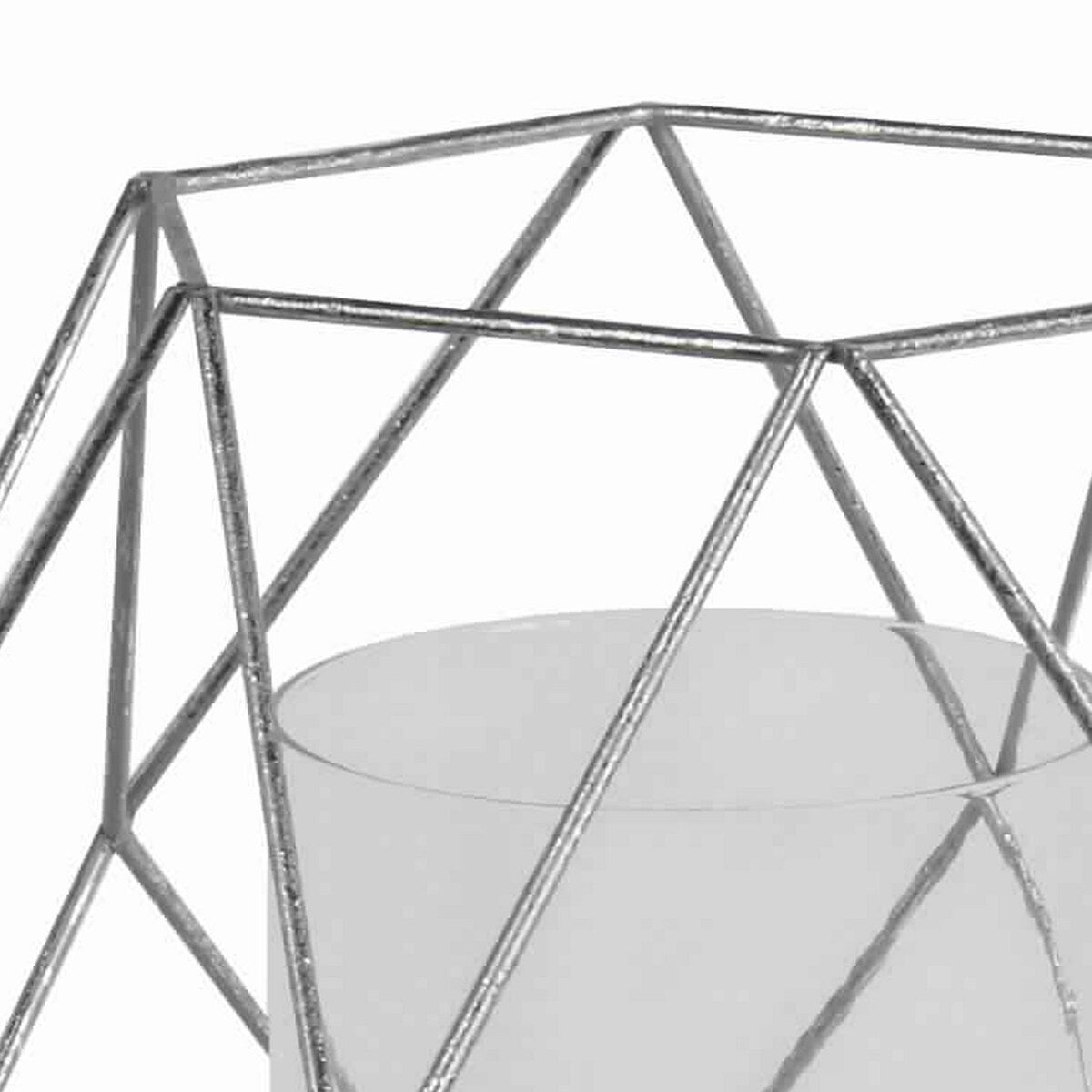 Open Geometric Design Metal Candle Holder with Glass Hurricane, Silver