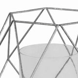 Open Geometric Design Metal Candle Holder with Glass Hurricane, Silver