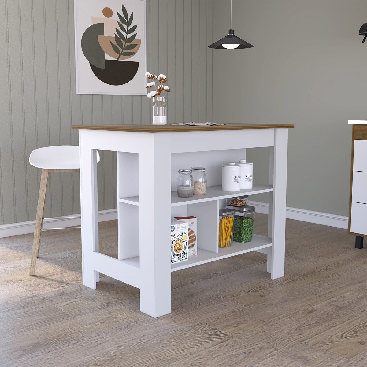 Open Kitchen Island,4 Legs, Three Shelves -White / Walnut