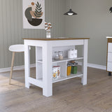 Open Kitchen Island,4 Legs, Three Shelves -White / Walnut