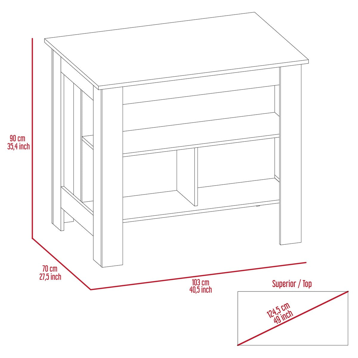 Open Kitchen Island,4 Legs, Three Shelves -White / Walnut