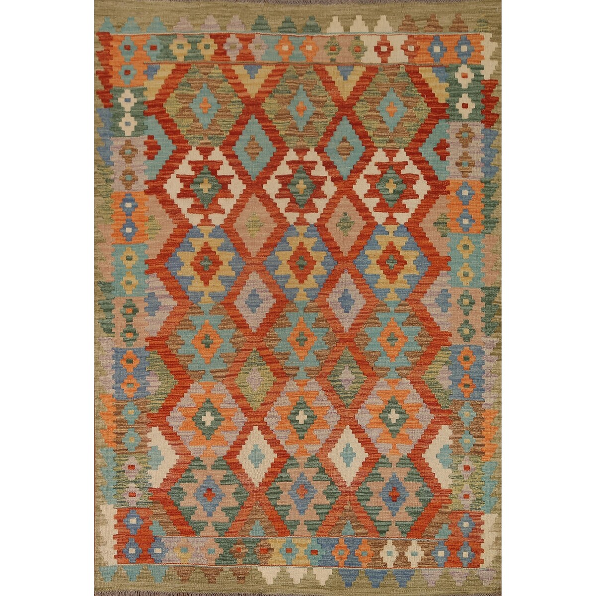 Orange Hand-woven Geometric Kilim Oriental Area Rug - 5'1''x 6'5''