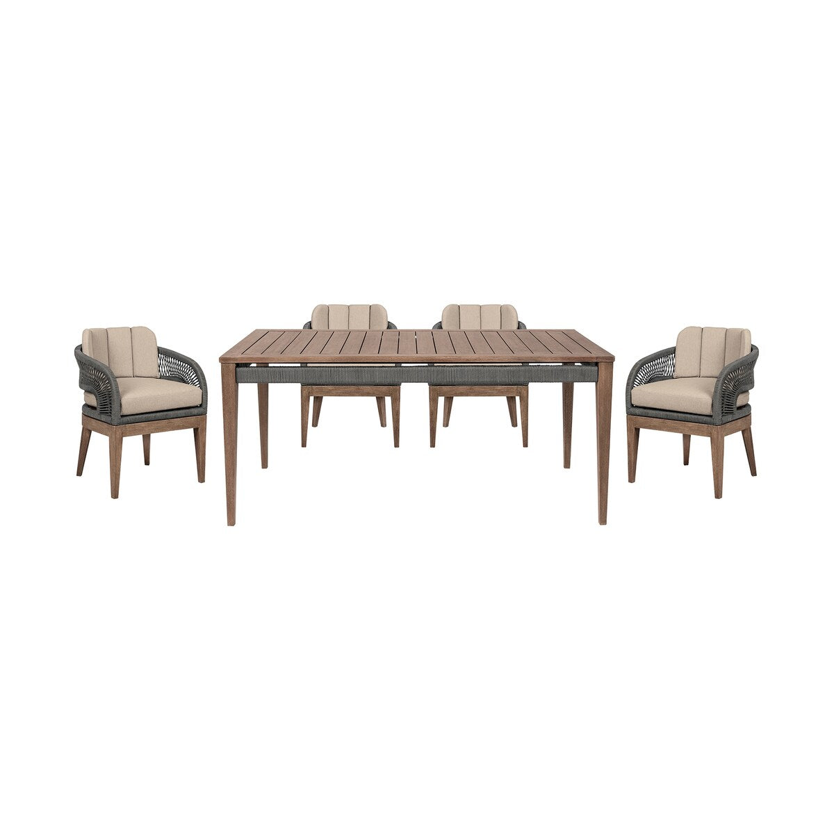 Orbit Outdoor Patio 5 Piece Dining Set in Weathered Eucalyptus Wood with Gray Rope and Taupe Olefin Cushions