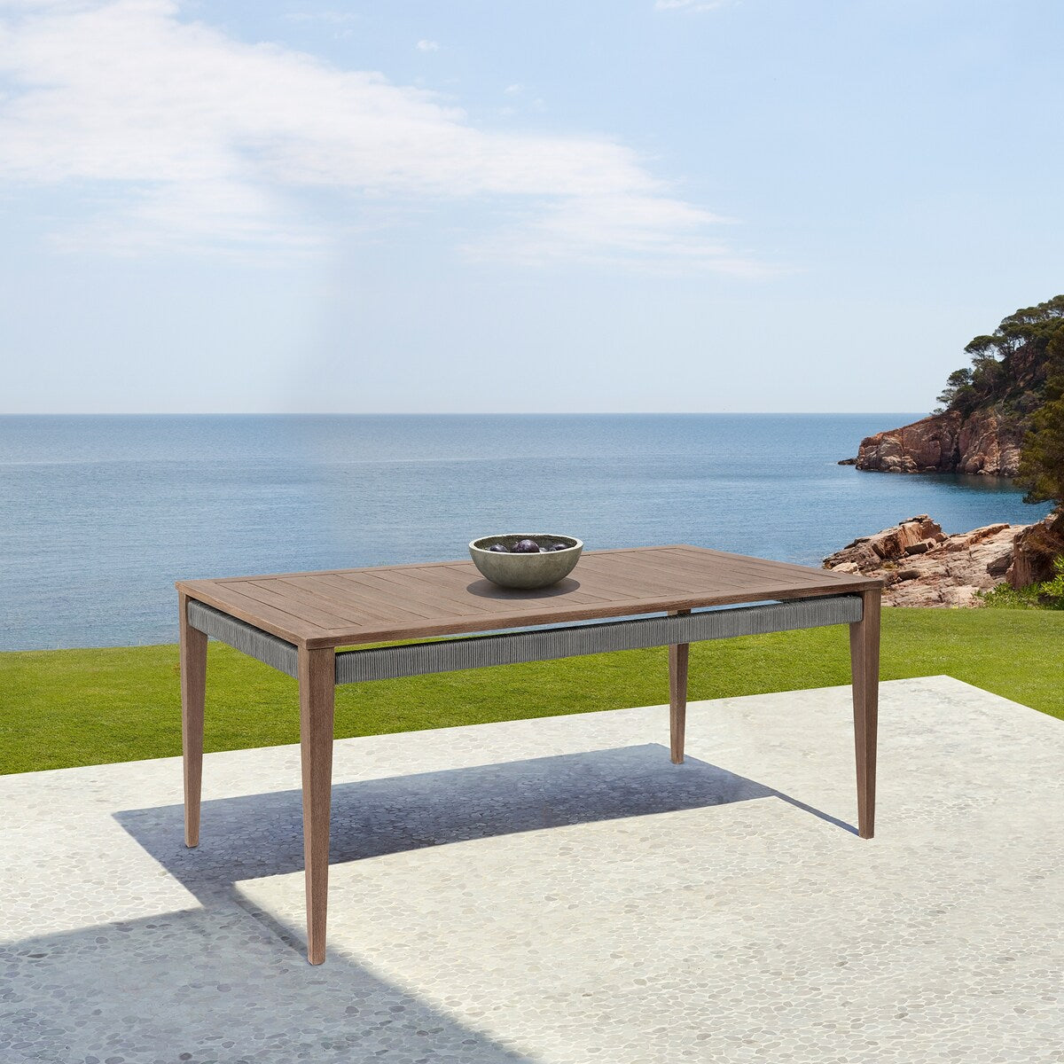 Orbit Outdoor Patio 5 Piece Dining Set in Weathered Eucalyptus Wood with Gray Rope and Taupe Olefin Cushions