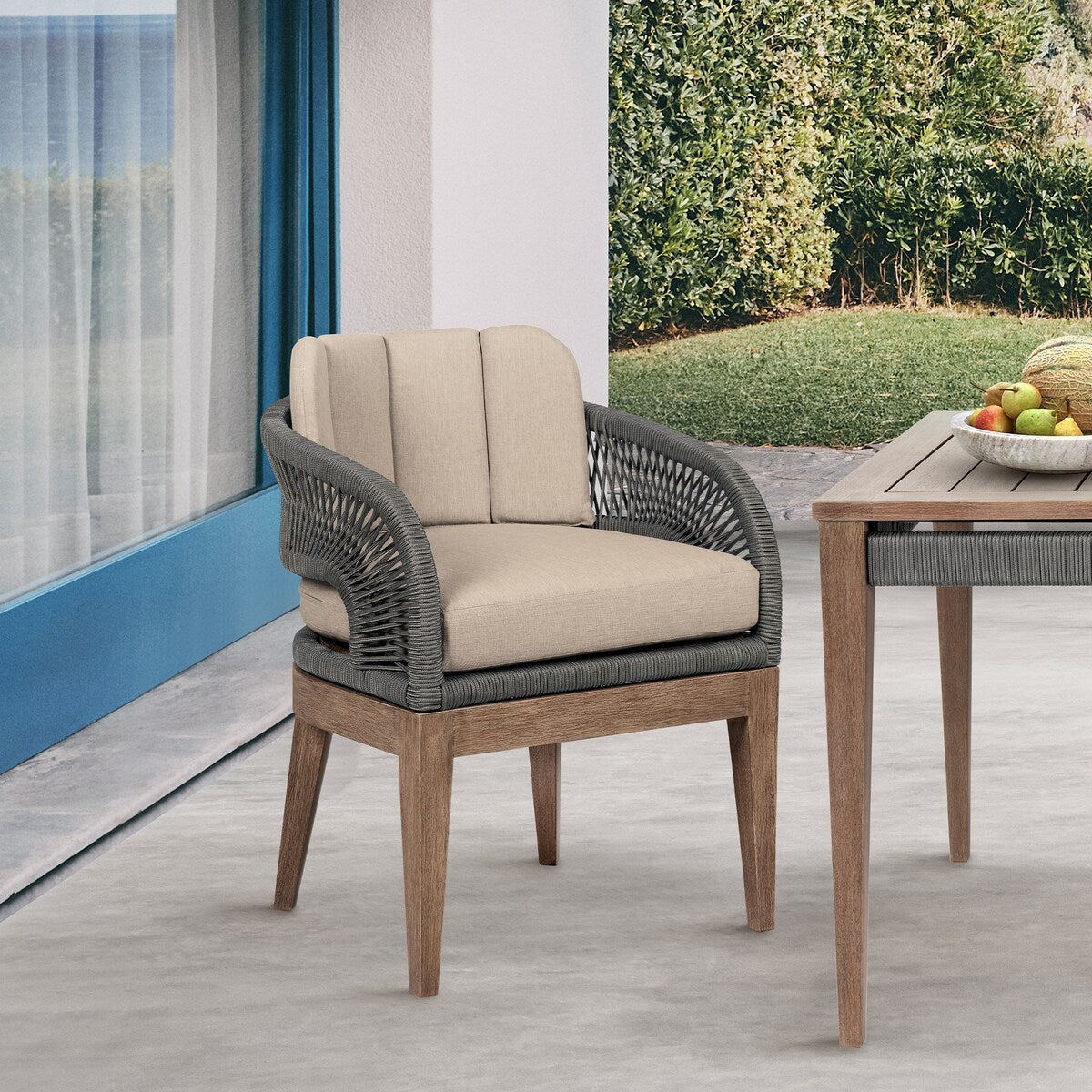 Orbit Outdoor Patio 5 Piece Dining Set in Weathered Eucalyptus Wood with Gray Rope and Taupe Olefin Cushions
