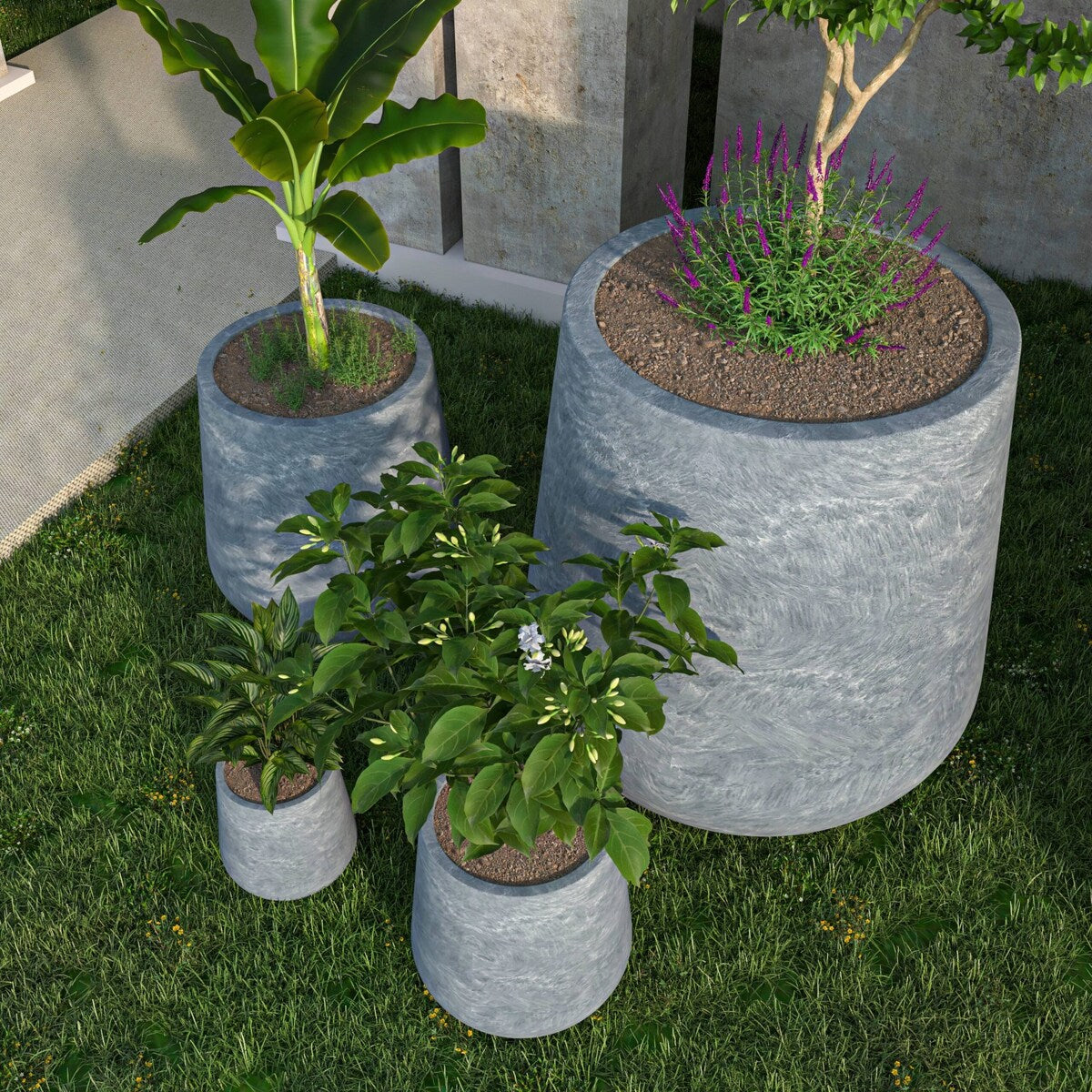 Orchid 4-Piece Round Modern Fiberstone and MgO Clay Decorative Planter Pot Set for Living Room Office Home Patio Porch Decor
