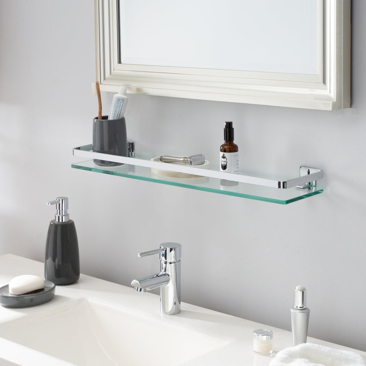 Organize It All Wall Mounted Glass Shelf with Chrome Rail - 23.5x5.5x2