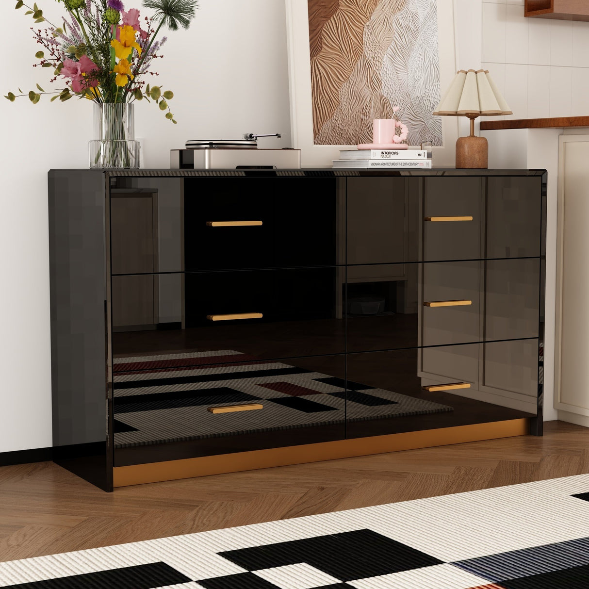 Organize with Elegance: Black and Gold 6-Drawer Dresser Glossy Chest