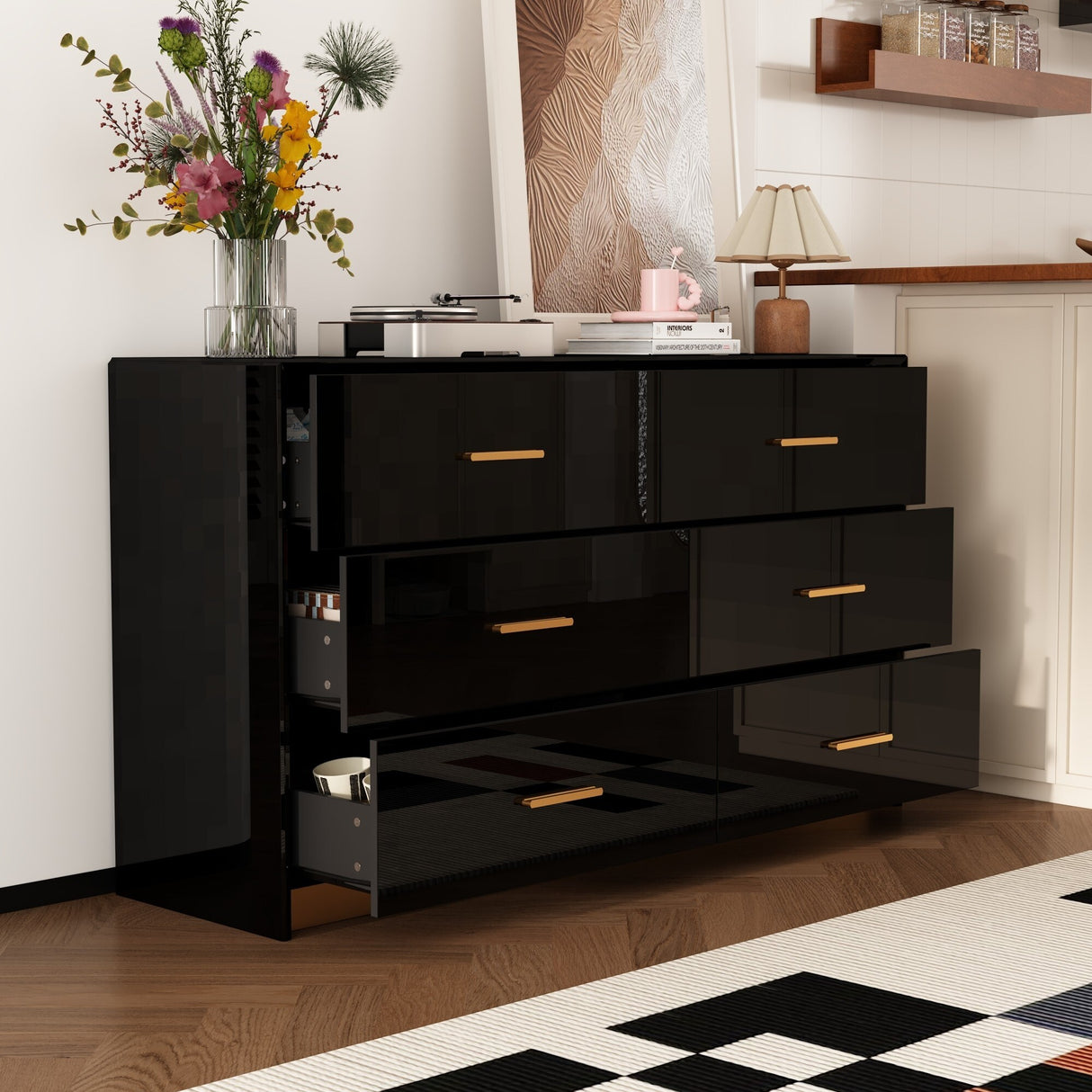 Organize with Elegance: Black and Gold 6-Drawer Dresser Glossy Chest