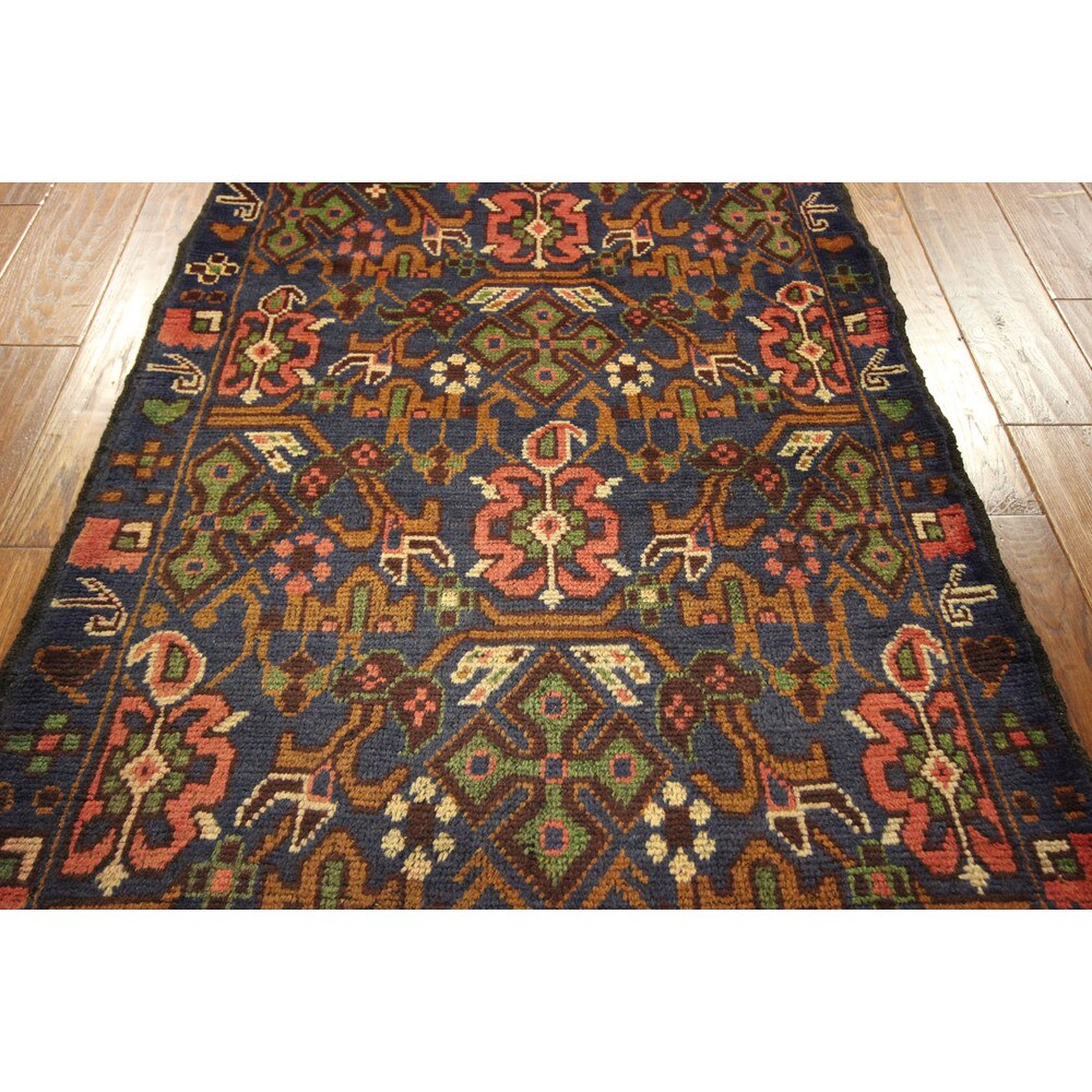 Oriental Area Hand-knotted Wool Baluch Geometric-Floral Art Runner Rug (3' x 9')