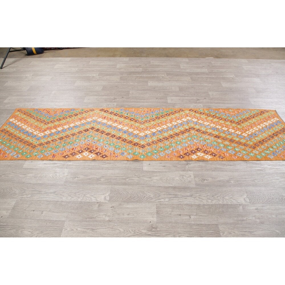 Oriental Kilim Wool Hand Woven Turkish Traditional Persian Runner Rug - 9'8" x 2'6" Runner
