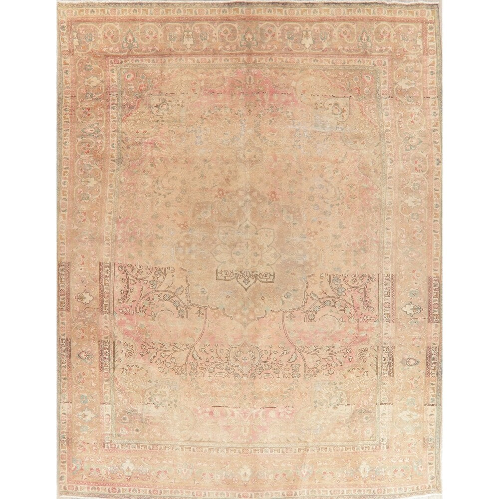 Oriental Medallion Muted Distressed Hand Knotted Persian Area Rug - 12'11" x 9'11"