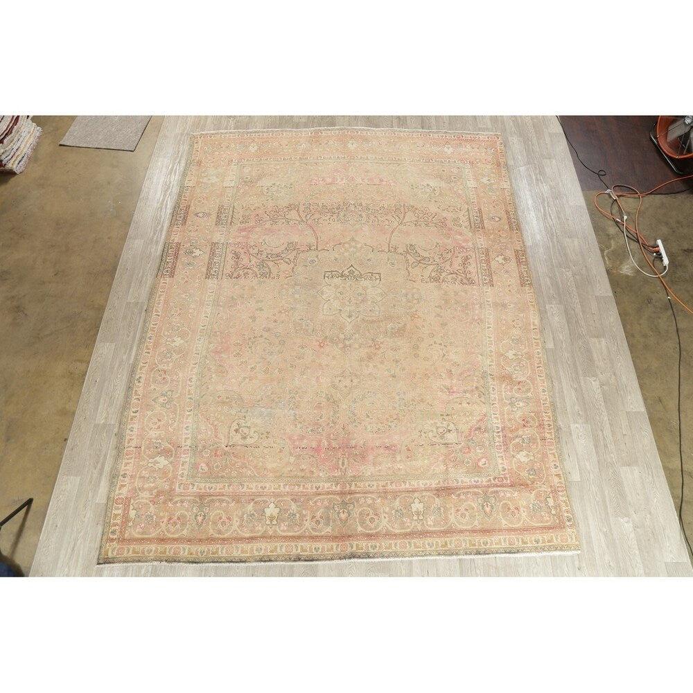 Oriental Medallion Muted Distressed Hand Knotted Persian Area Rug - 12'11" x 9'11"