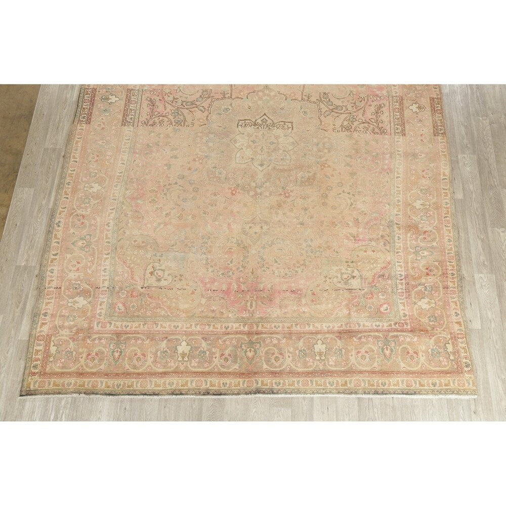 Oriental Medallion Muted Distressed Hand Knotted Persian Area Rug - 12'11" x 9'11"