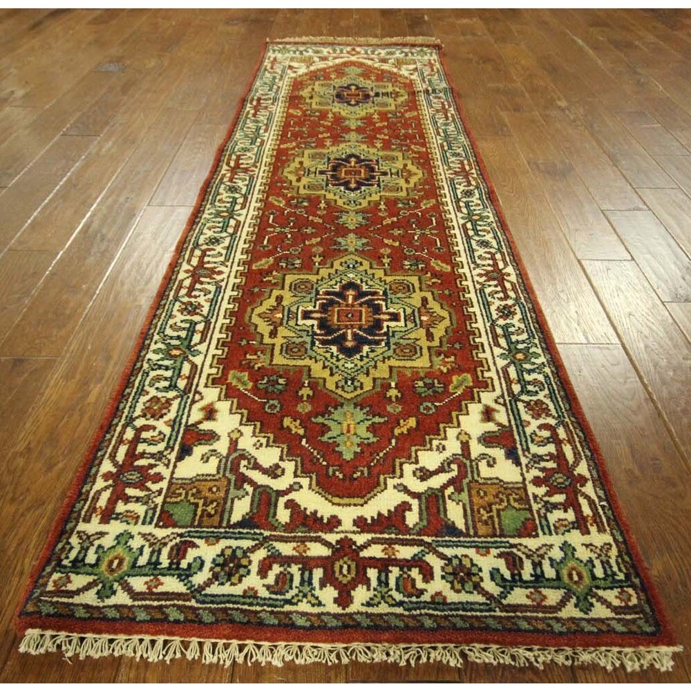Oriental Runner Red and Ivory Heriz Serapi Hand Knotted Wool Area Rug - 2'6 x 7'10