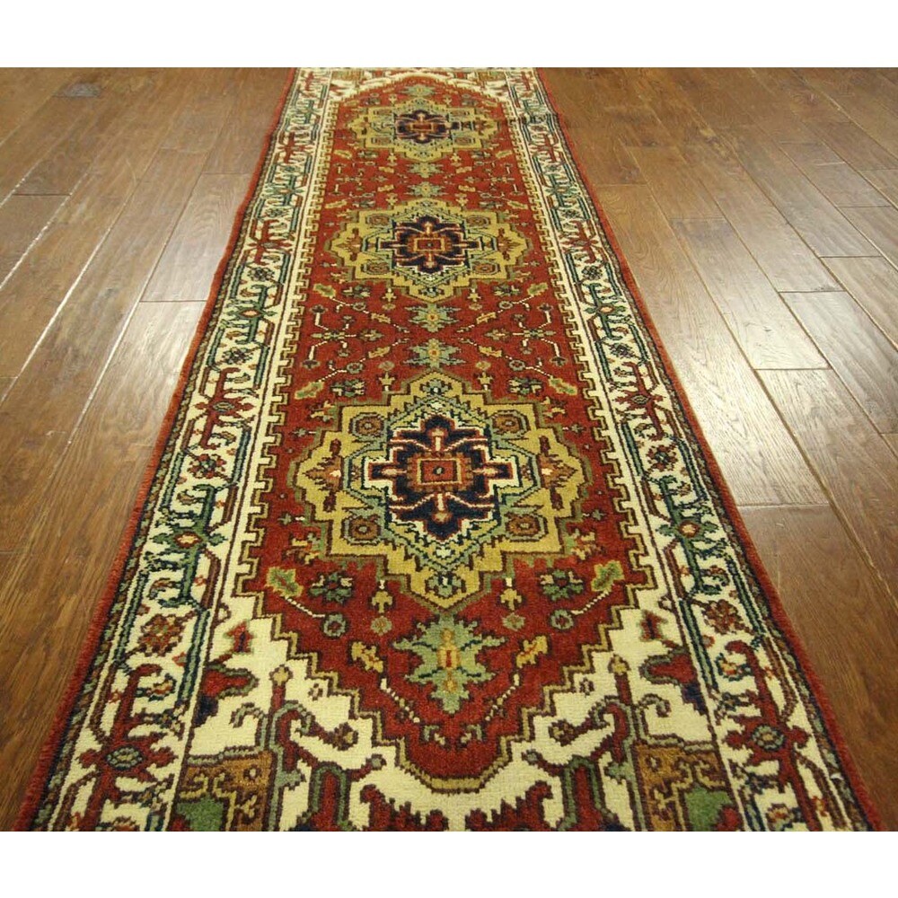 Oriental Runner Red and Ivory Heriz Serapi Hand Knotted Wool Area Rug - 2'6 x 7'10