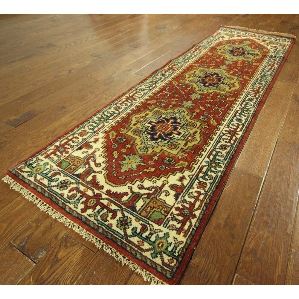 Oriental Runner Red and Ivory Heriz Serapi Hand Knotted Wool Area Rug - 2'6 x 7'10