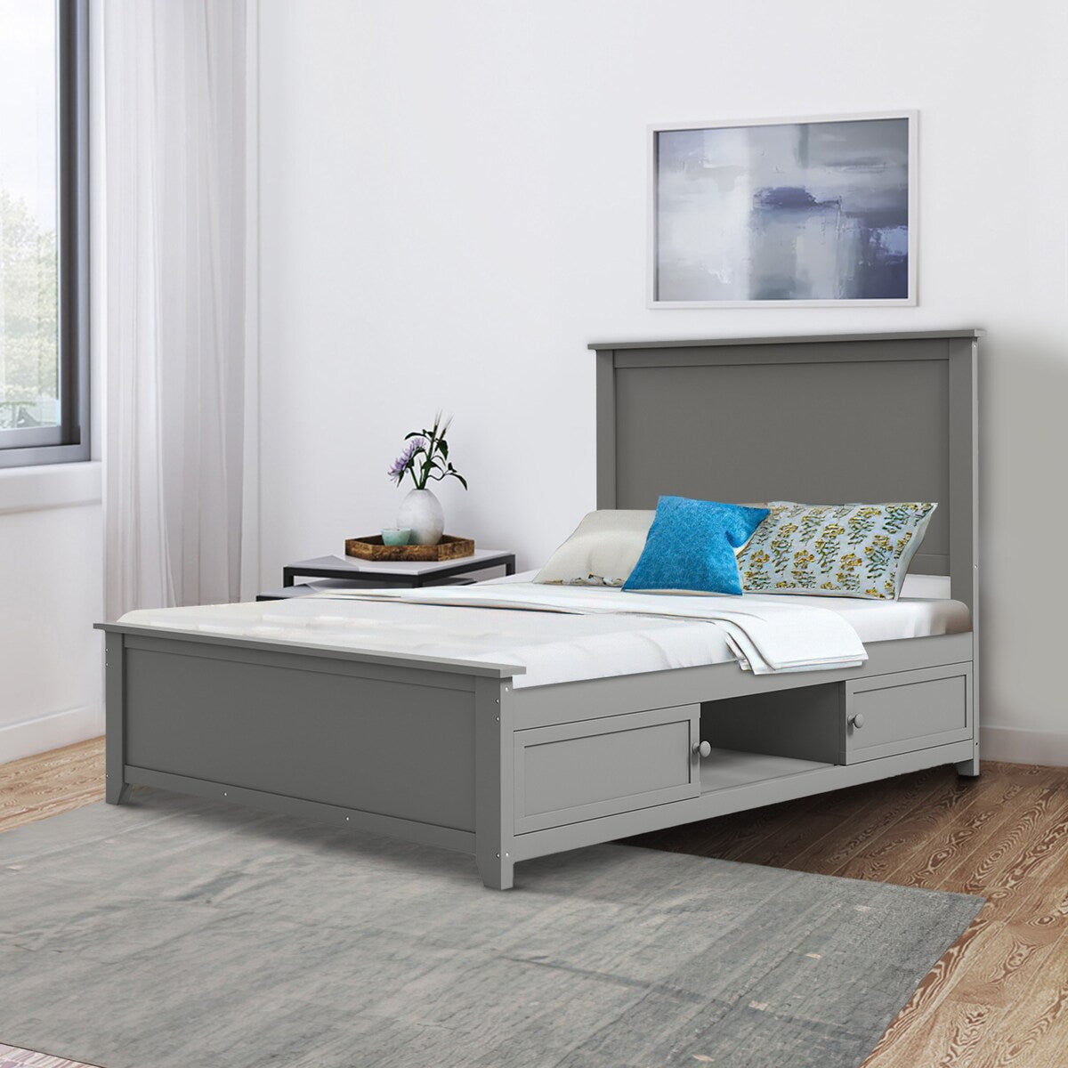 Orion Full Size Platform Bed Frame with Storage and Panel Headboard, Gray
