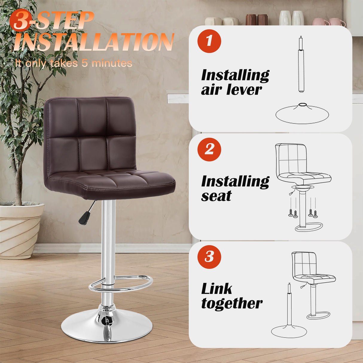 Furniture of America Orson Modern PU Leather Adjustable Height Swivel Bar Stools (Set of 2)