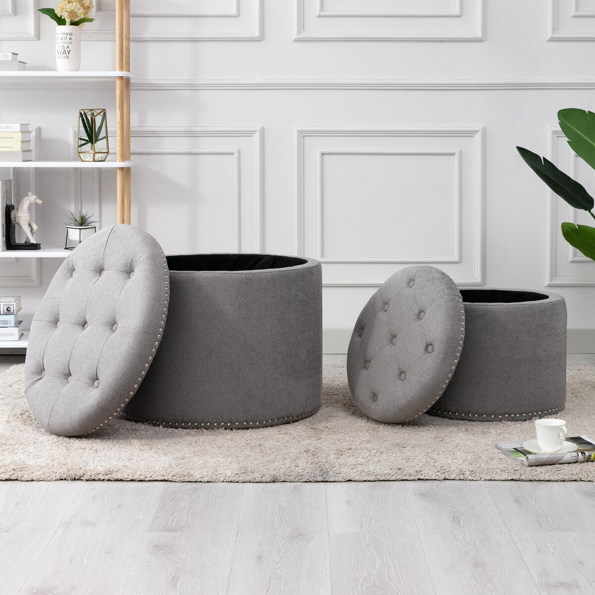 Oscar Upholstered Storage Ottomans, Grey and Silver (Set of 2)
