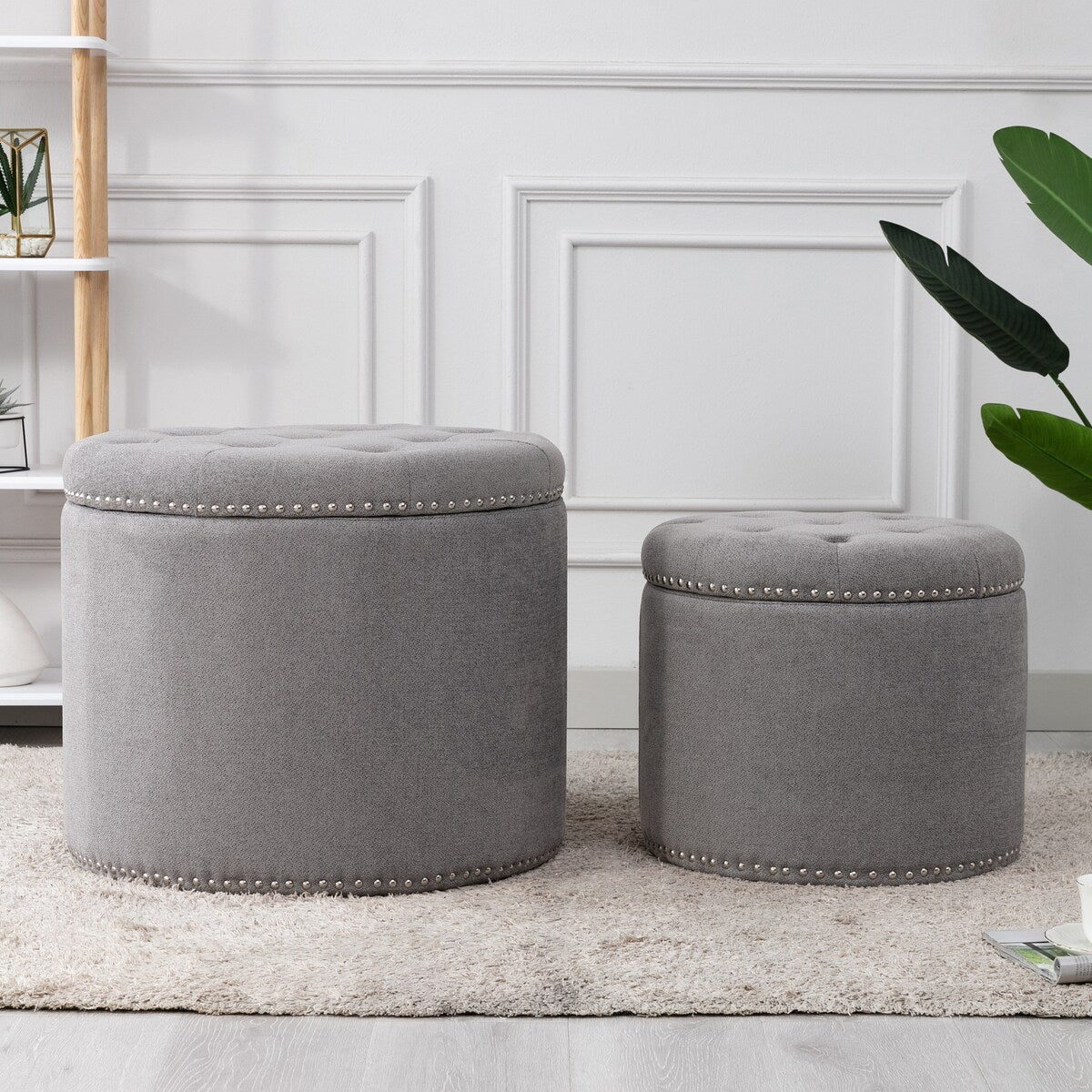 Oscar Upholstered Storage Ottomans, Grey and Silver (Set of 2)