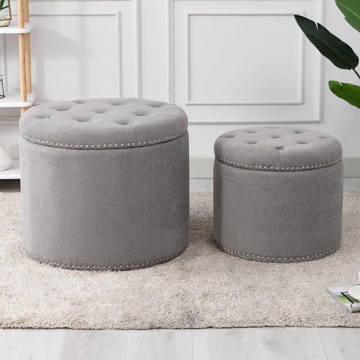 Oscar Upholstered Storage Ottomans, Grey and Silver (Set of 2)