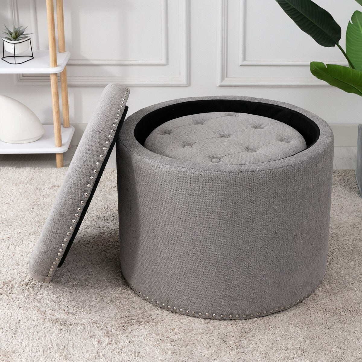 Oscar Upholstered Storage Ottomans, Grey and Silver (Set of 2)