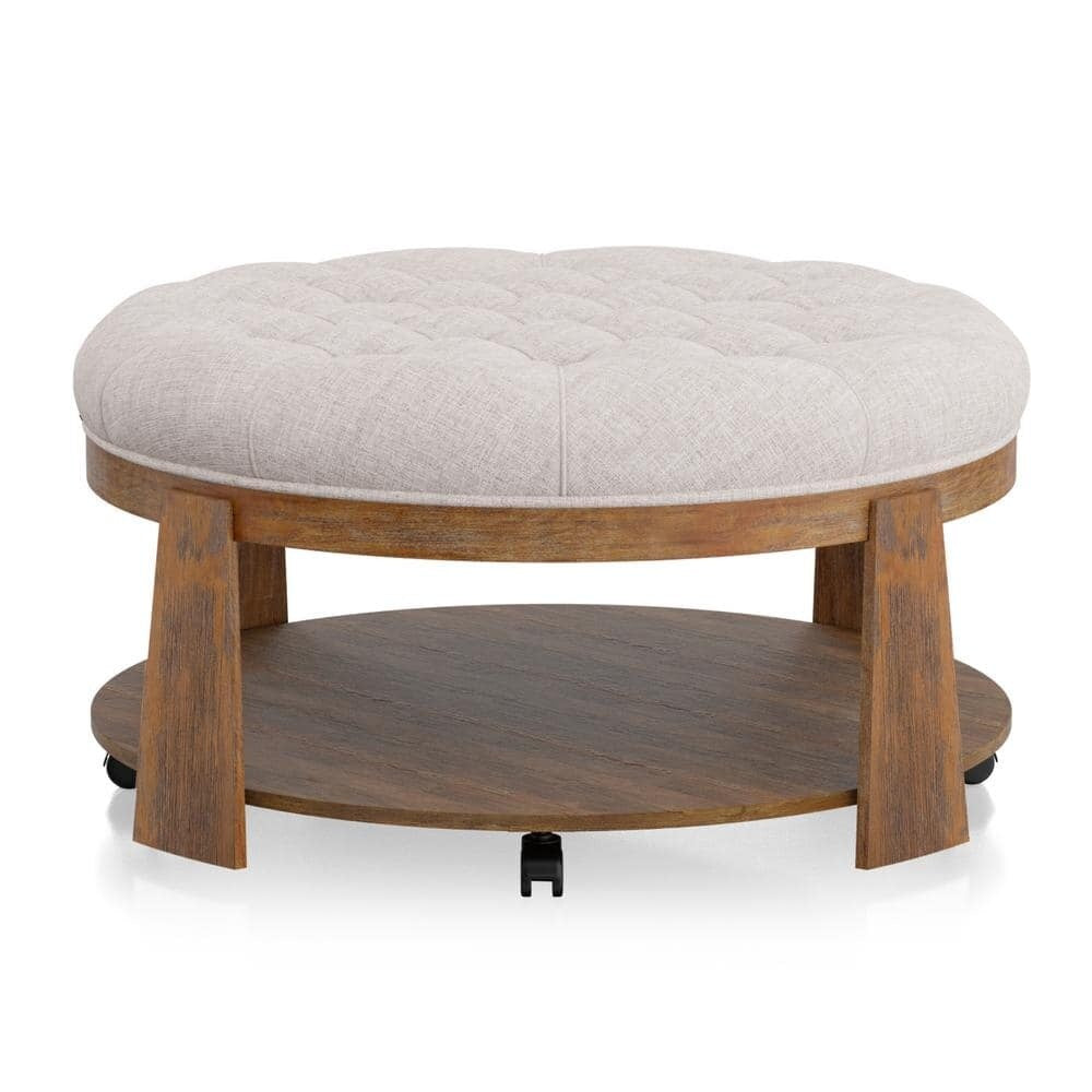 Ottoman Transitional Style Deep Button Linen Like Tufted Seat Open Bottom Shelf
