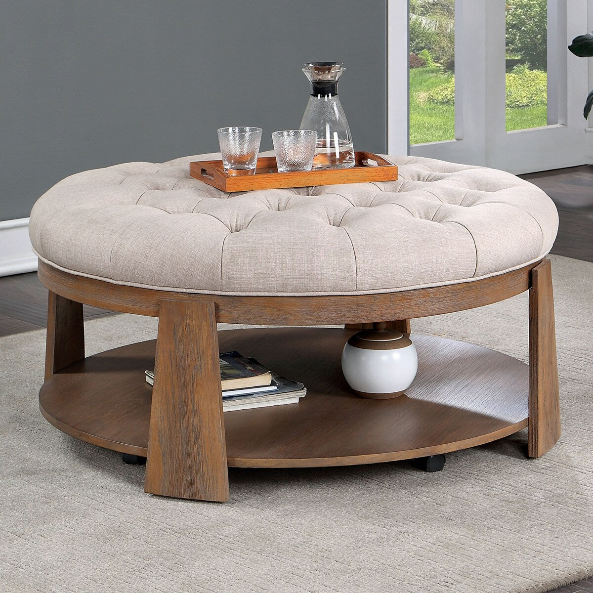 Ottoman Transitional Style Deep Button Linen Like Tufted Seat Open Bottom Shelf