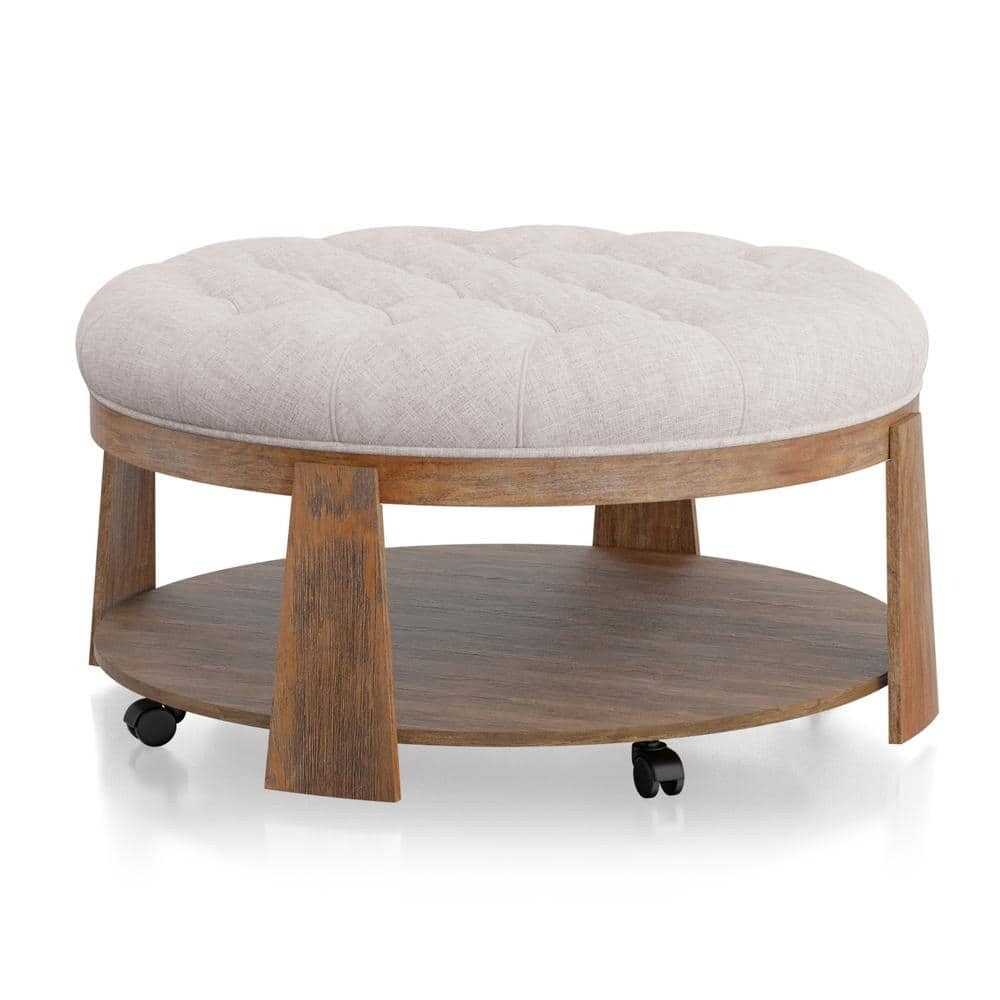 Ottoman Transitional Style Deep Button Linen Like Tufted Seat Open Bottom Shelf