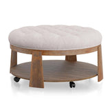 Ottoman Transitional Style Deep Button Linen Like Tufted Seat Open Bottom Shelf
