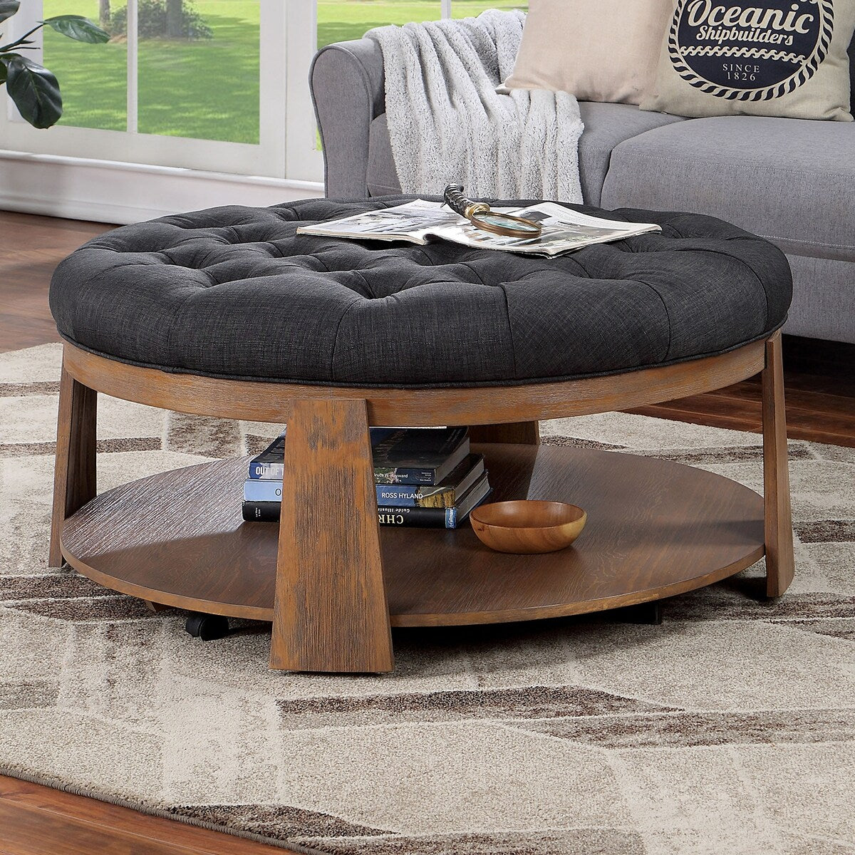 Ottoman Transitional Style Deep Button Linen Like Tufted Seat Open Bottom Shelf