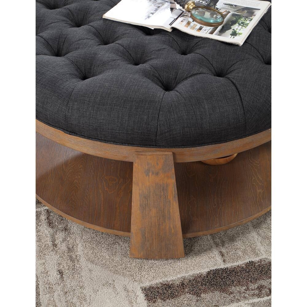 Ottoman Transitional Style Deep Button Linen Like Tufted Seat Open Bottom Shelf