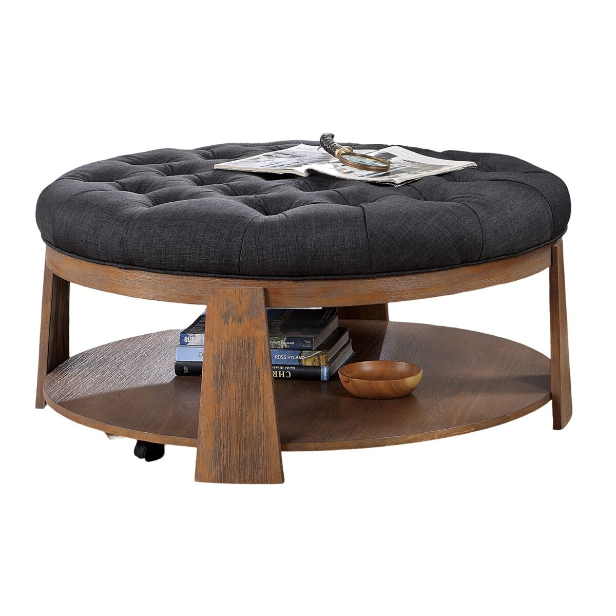 Ottoman Transitional Style Deep Button Linen Like Tufted Seat Open Bottom Shelf