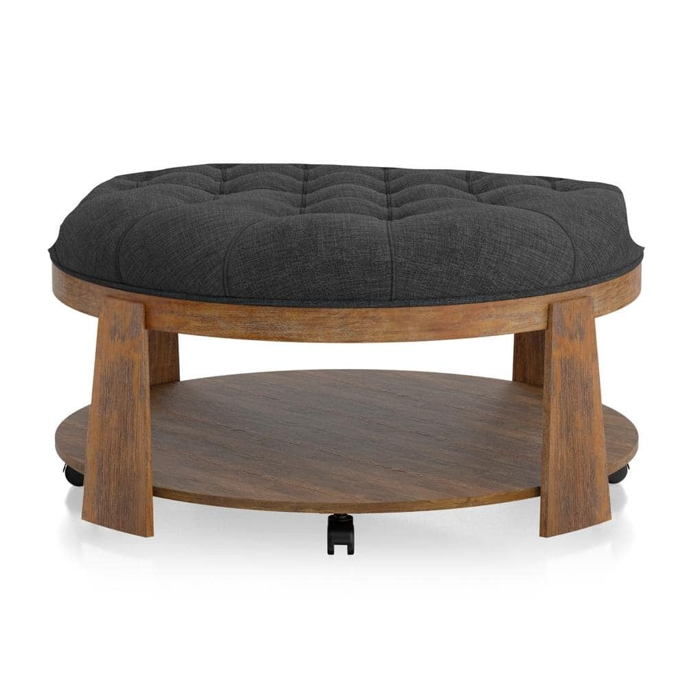 Ottoman Transitional Style Deep Button Linen Like Tufted Seat Open Bottom Shelf