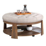 Ottoman Transitional Style Deep Button Linen Like Tufted Seat Open Bottom Shelf