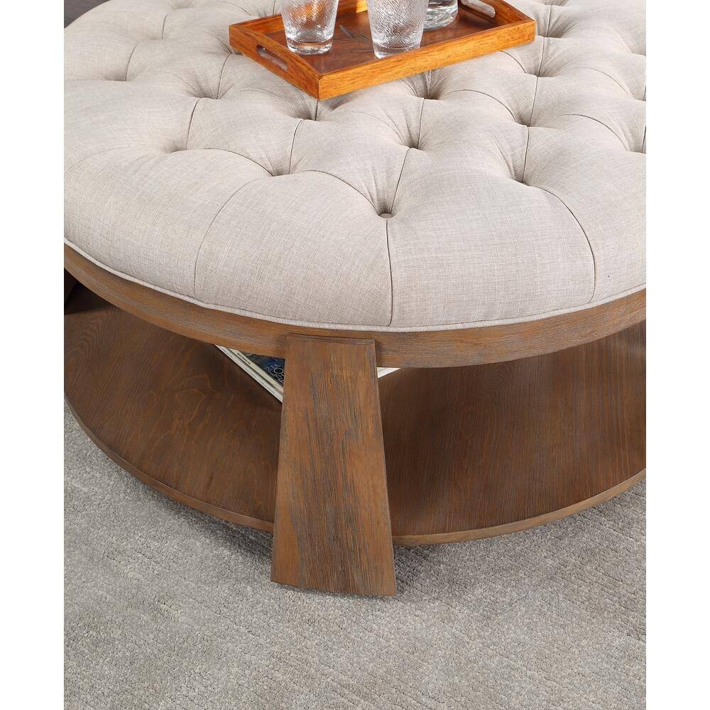 Ottoman Transitional Style Deep Button Linen Like Tufted Seat Open Bottom Shelf