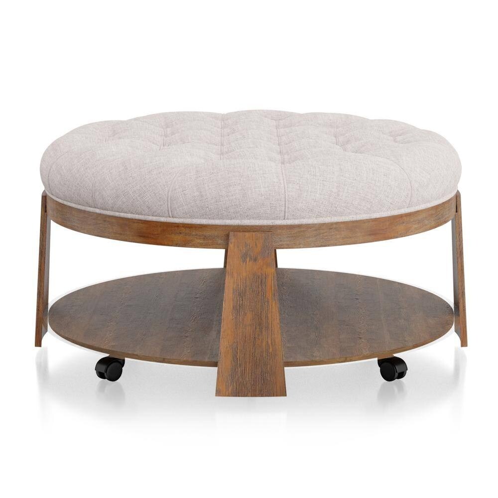 Ottoman Transitional Style Deep Button Linen Like Tufted Seat Open Bottom Shelf