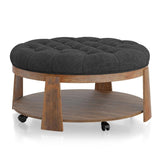Ottoman Transitional Style Deep Button Linen Like Tufted Seat Open Bottom Shelf